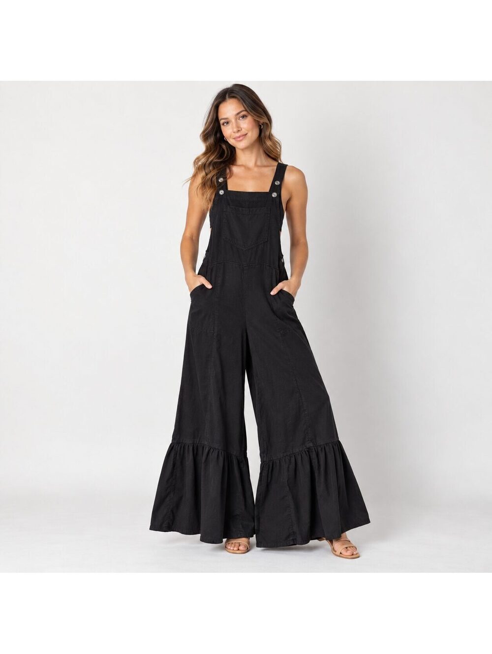 Billy T Black Wide Leg Overall Jumpsuit Ruffle Hem Cotton Lyocell Size L